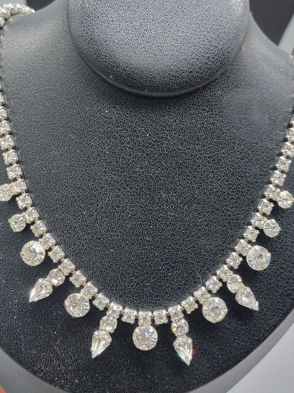 Vintage Garne Jewelry Rhinestone Choker Necklace 15" Clear Prong Set Stones